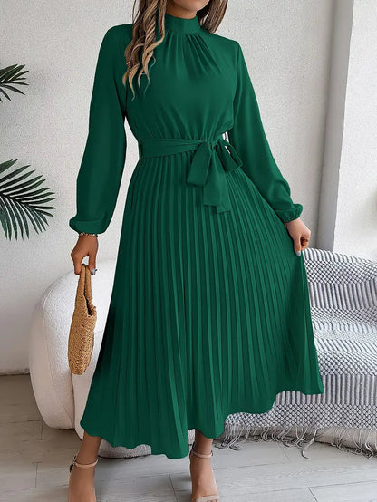 Celeste | Mock Neck Long Sleeve Belted Pleated Midi Wedding Guest Dress