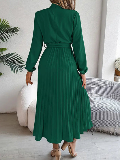 Celeste | Mock Neck Long Sleeve Belted Pleated Midi Wedding Guest Dress