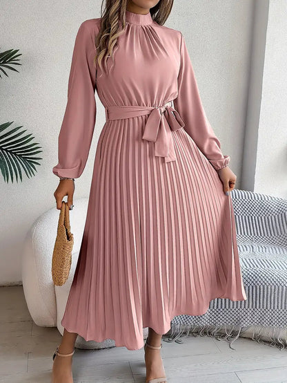 Celeste | Mock Neck Long Sleeve Belted Pleated Midi Wedding Guest Dress