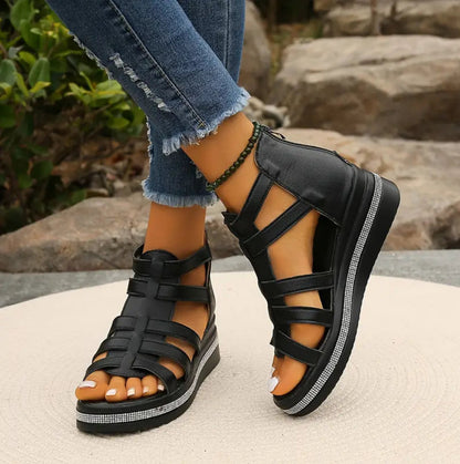 Chloe | Gladiator Sandals Platform Rhinestone Zip Up Flat