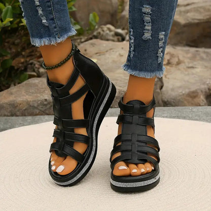 Chloe | Gladiator Sandals Platform Rhinestone Zip Up Flat