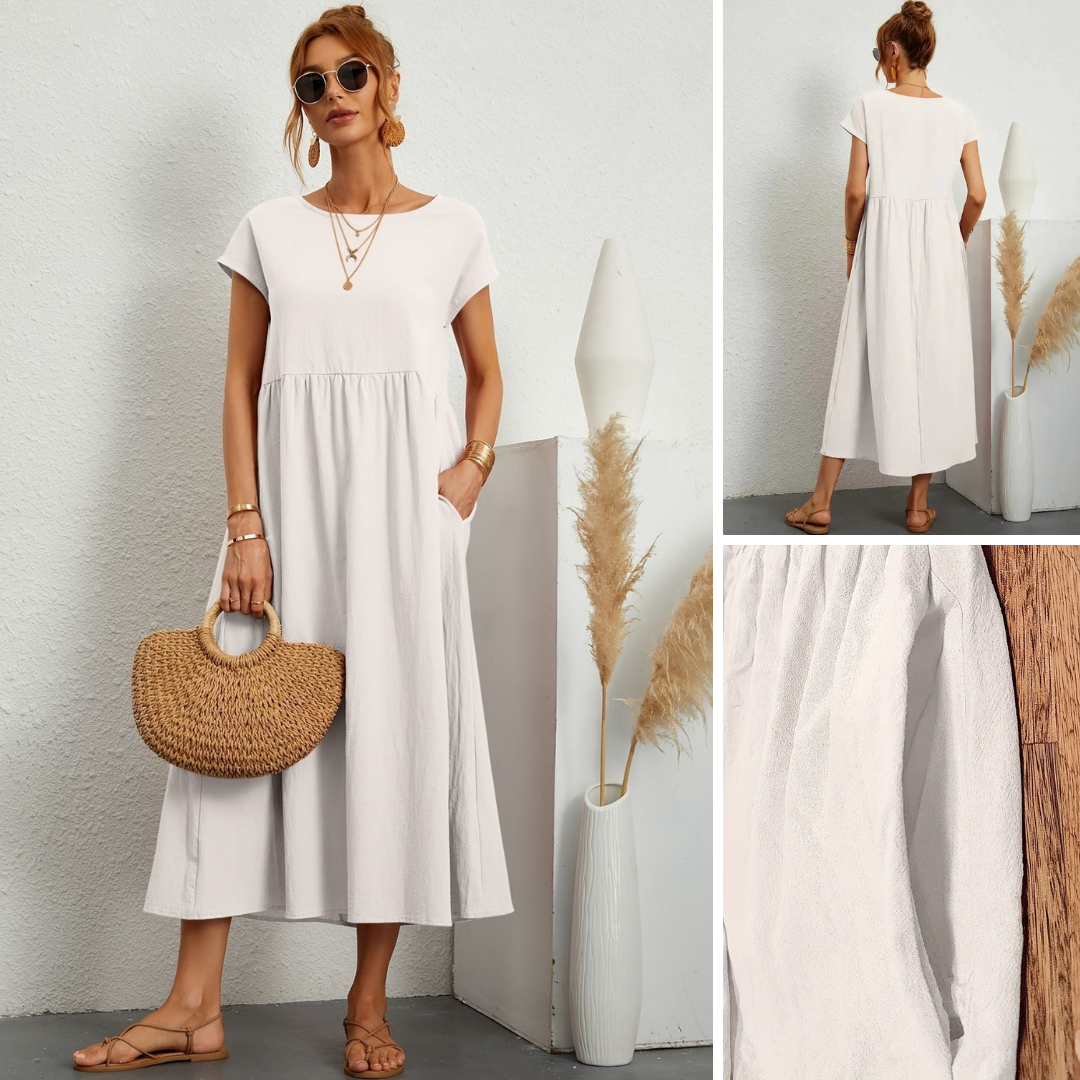 Sage | Round Neck Short Sleeve Gathered Waist Loose Maxi Casual Dress