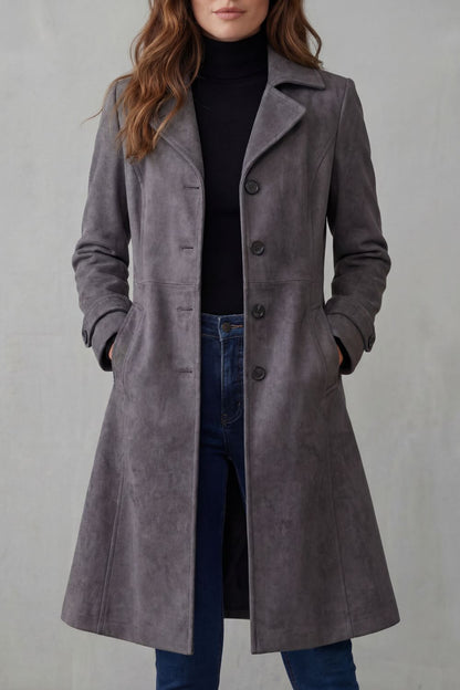 Coralene | Women's Suede-Effect Longline Tailored Notched Lapel Coat
