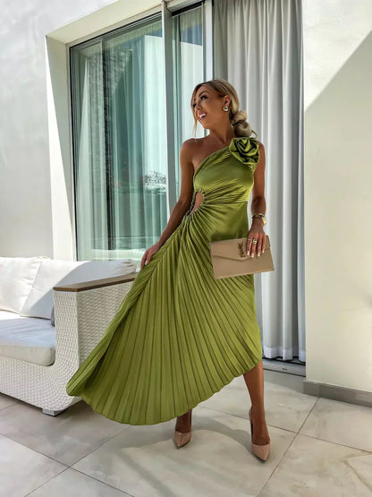 Rosalie | One Shoulder Floral Detail Ruched Waist Pleated Satin Midi Wedding Guest Dress