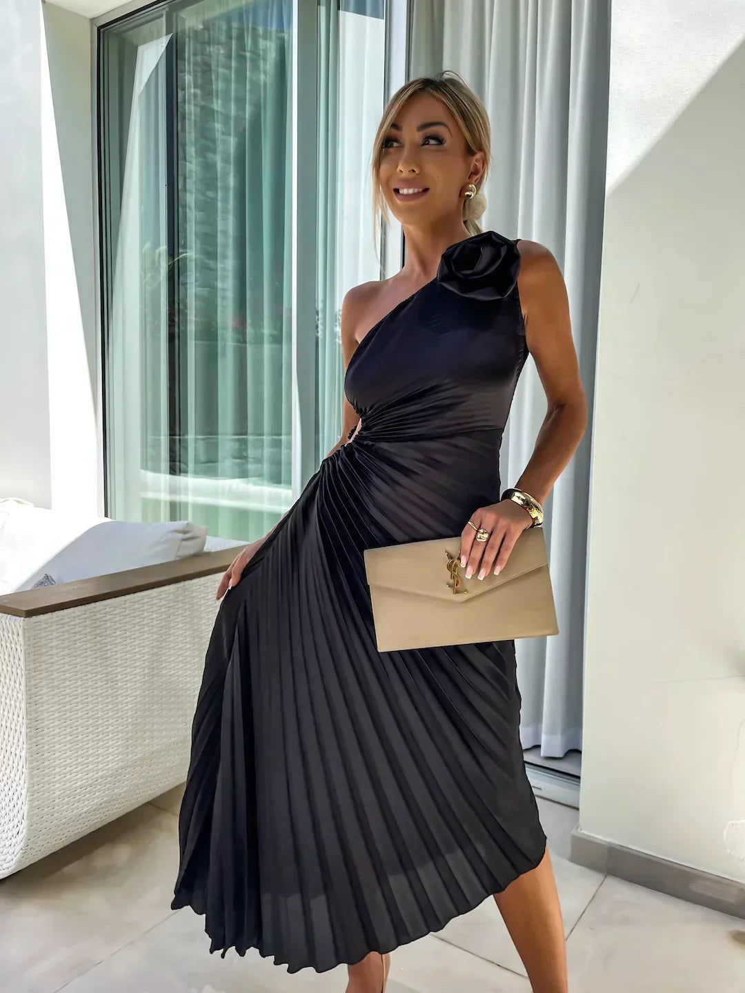 Rosalie | One Shoulder Floral Detail Ruched Waist Pleated Satin Midi Wedding Guest Dress