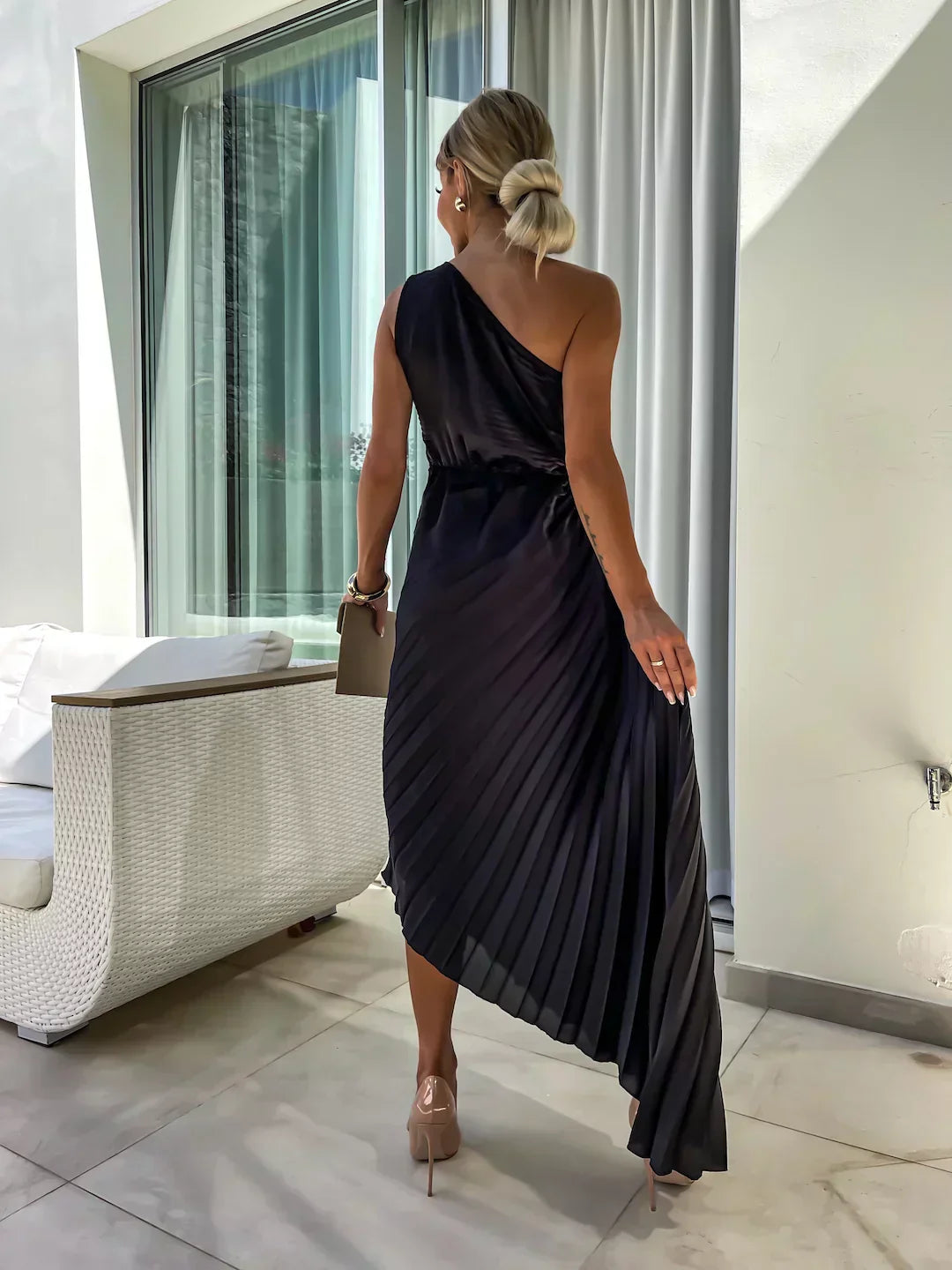 Rosalie | One Shoulder Floral Detail Ruched Waist Pleated Satin Midi Wedding Guest Dress