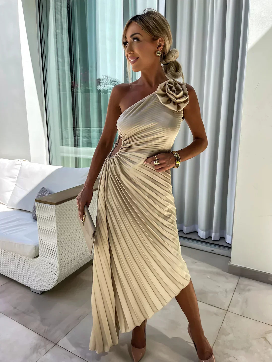 Rosalie | One Shoulder Floral Detail Ruched Waist Pleated Satin Midi Wedding Guest Dress