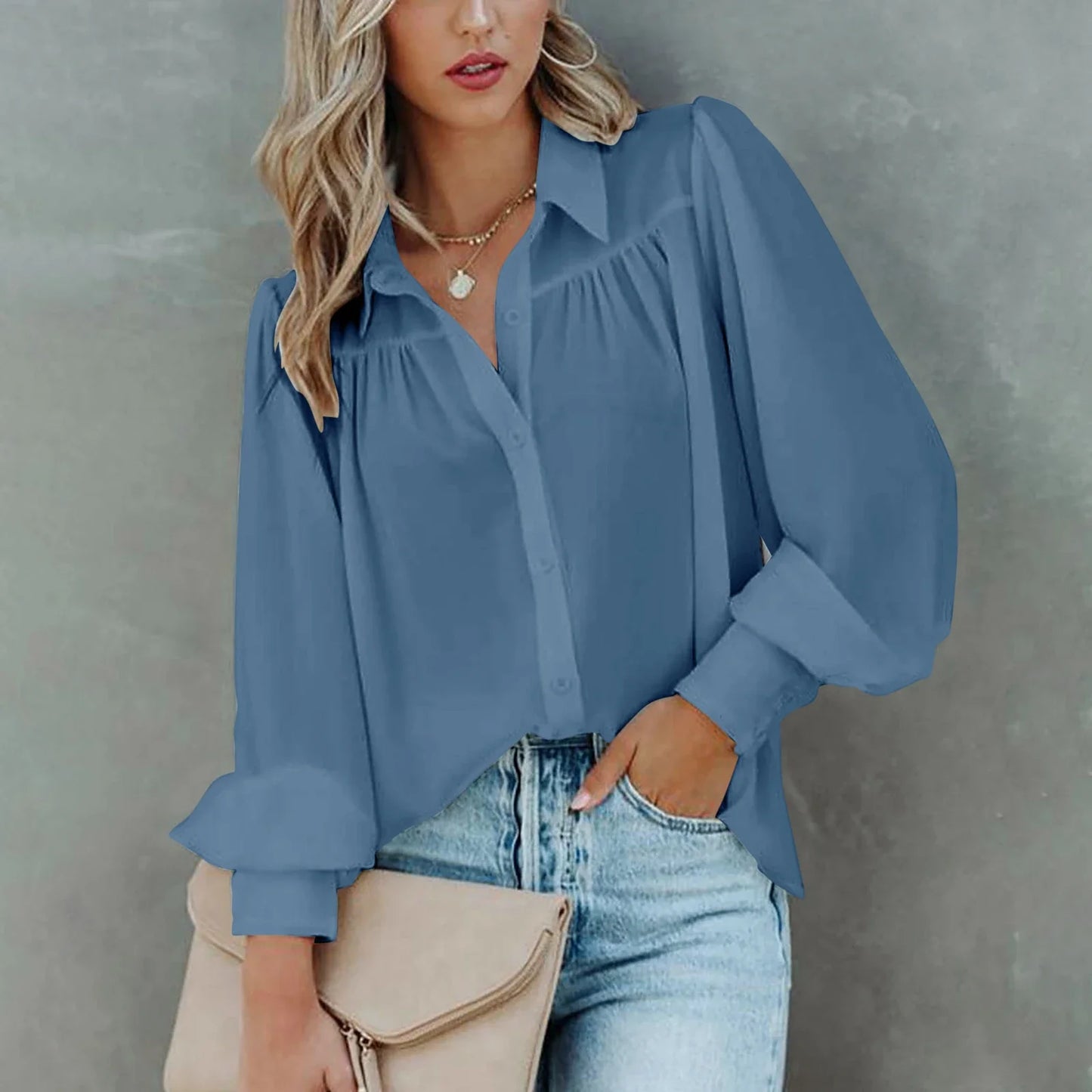 Monroe | Gathered Yoke Lapel Collar Balloon Sleeve Elegant Blouse