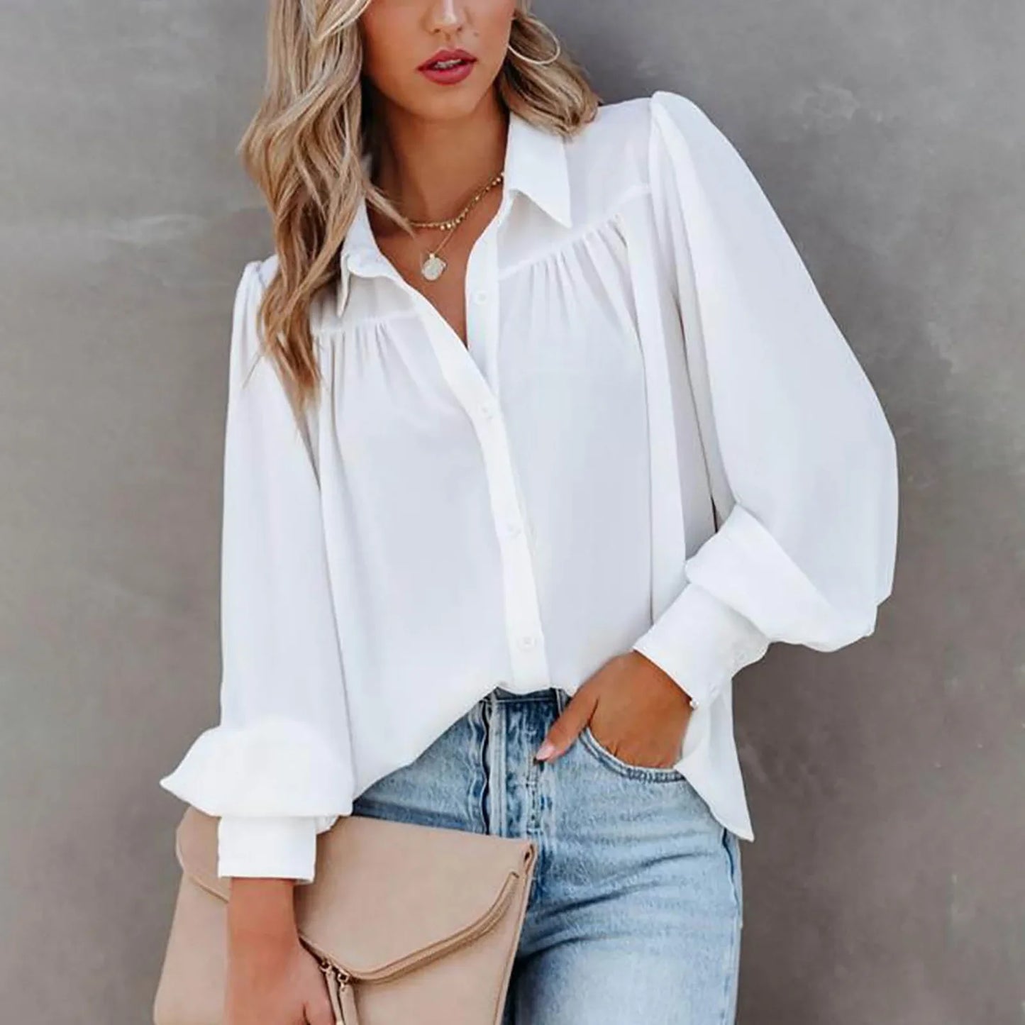 Monroe | Gathered Yoke Lapel Collar Balloon Sleeve Elegant Blouse