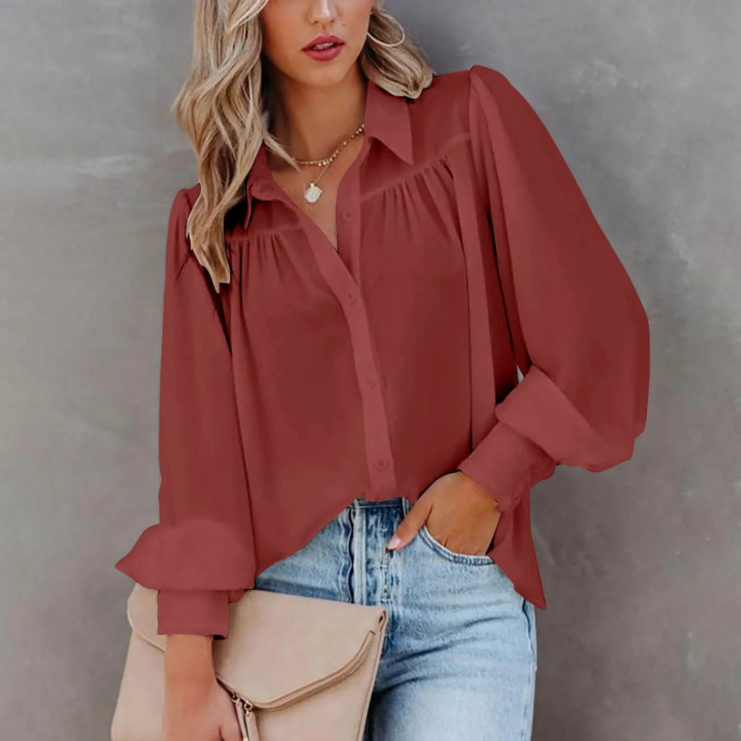 Monroe | Gathered Yoke Lapel Collar Balloon Sleeve Elegant Blouse