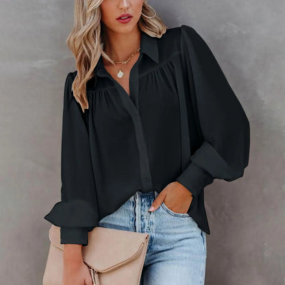 Monroe | Gathered Yoke Lapel Collar Balloon Sleeve Elegant Blouse