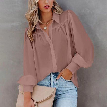 Monroe | Gathered Yoke Lapel Collar Balloon Sleeve Elegant Blouse