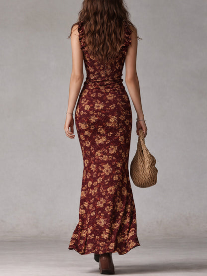 Elena | Women's Boho Floral Maxi Dress Smocked Ruffle Strap High Slit
