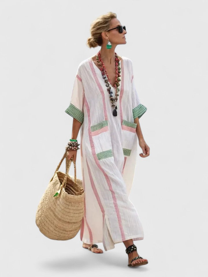 Savannah | Women's Boho Maxi Dress Linen Blend V Neck Stripe Kaftan