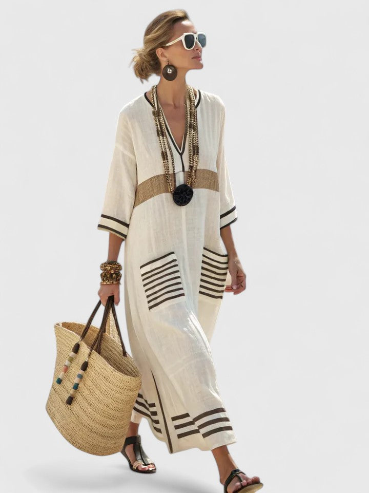 Savannah | Women's Boho Maxi Dress Linen Blend V Neck Stripe Kaftan