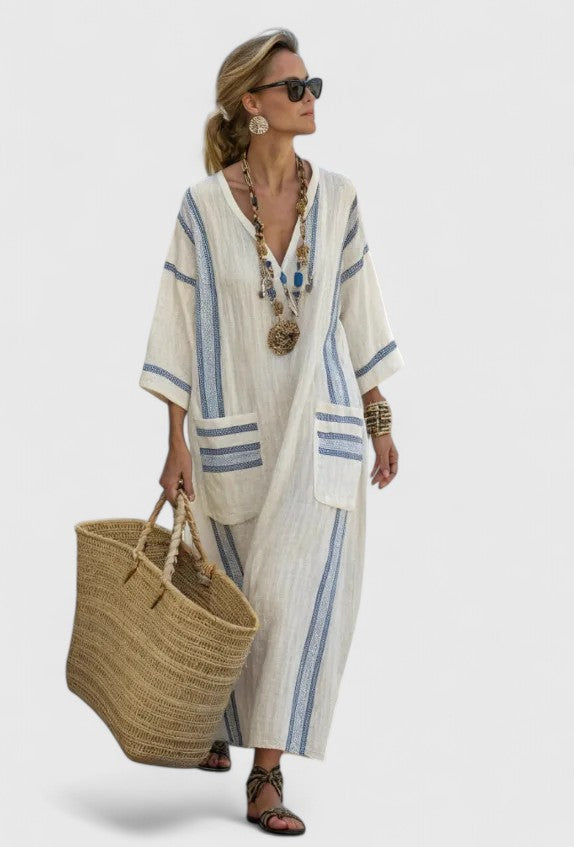 Savannah | Women's Boho Maxi Dress Linen Blend V Neck Stripe Kaftan