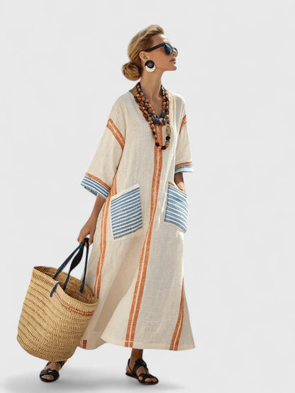 Savannah | Women's Boho Maxi Dress Linen Blend V Neck Stripe Kaftan