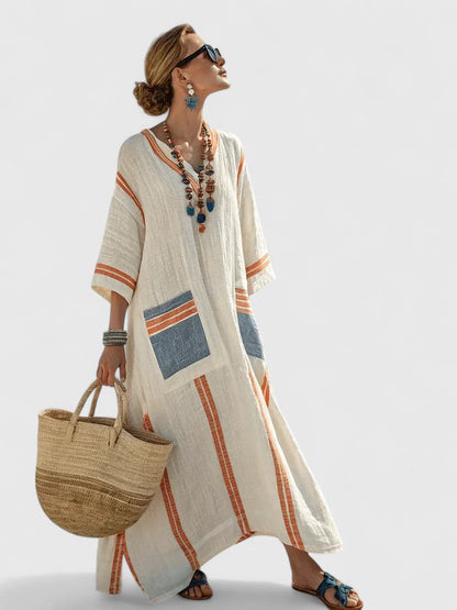 Savannah | Women's Boho Maxi Dress Linen Blend V Neck Stripe Kaftan