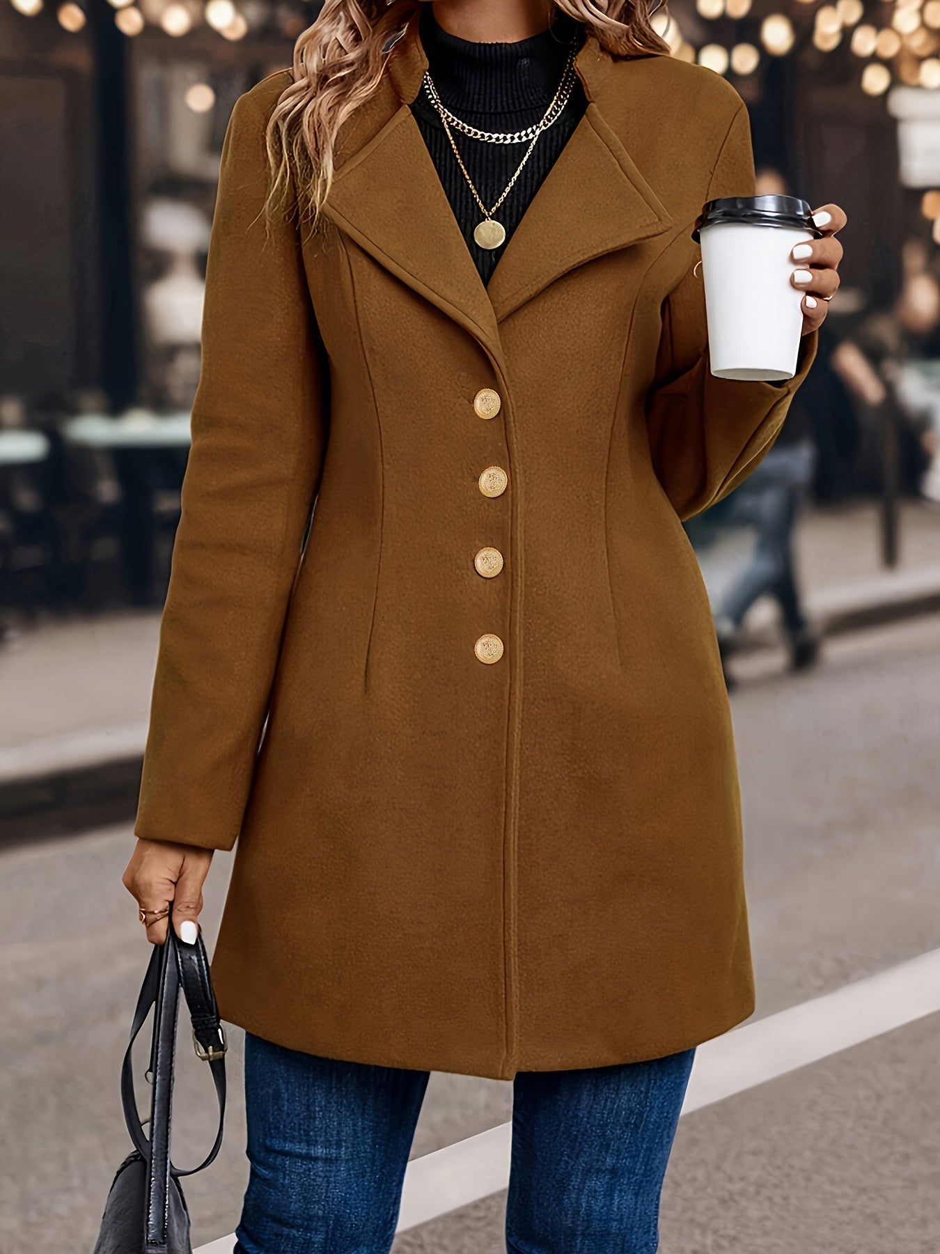 Adelia | Women's Fitted Wool Blend Gold Button Mid Length Coat