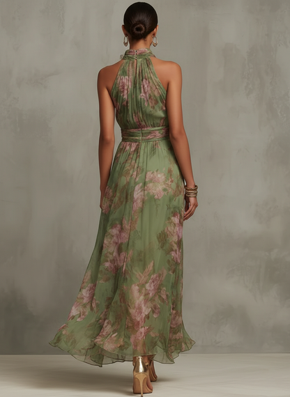 Flora | Women's Floral Halter Maxi Dress Chiffon Elegant Sleeveless