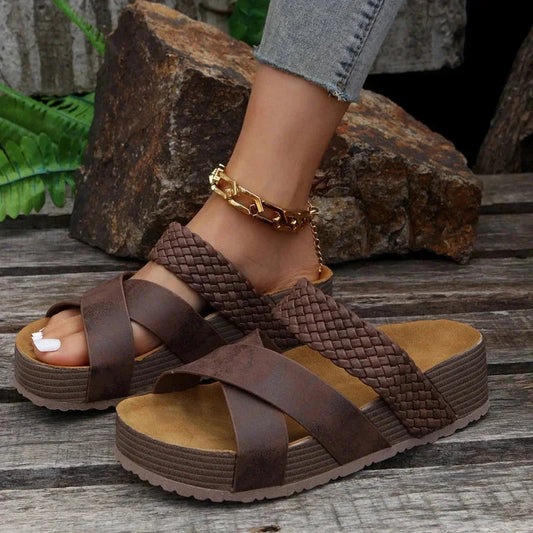 Herme | Cross Strap Woven Detail Open Toe Platform Wedge Sandal