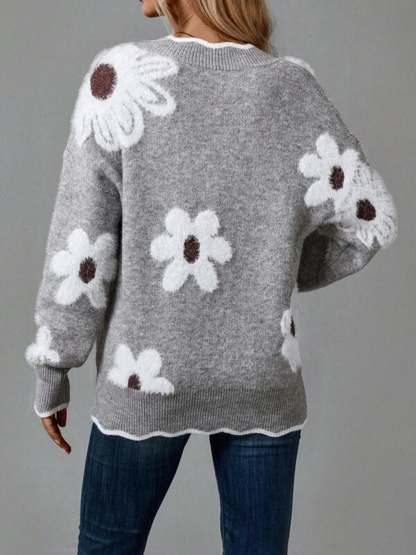 Bellamira | Women's Floral V-Neck Daisy Print Relaxed Knit Sweater