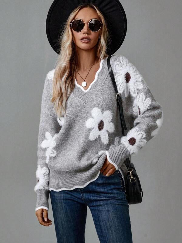 Bellamira | Women's Floral V-Neck Daisy Print Relaxed Knit Sweater