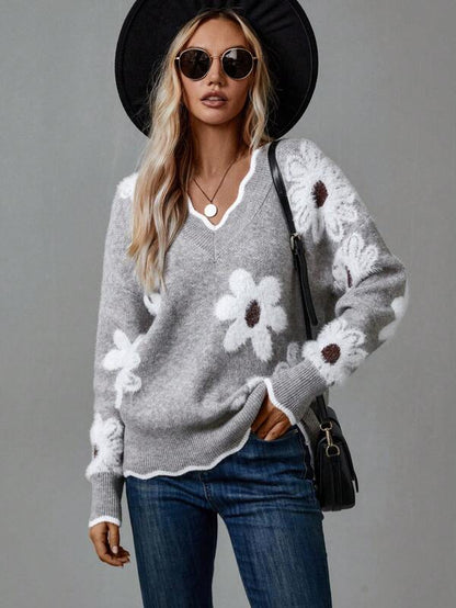 Bellamira | Women's Floral V-Neck Daisy Print Relaxed Knit Sweater