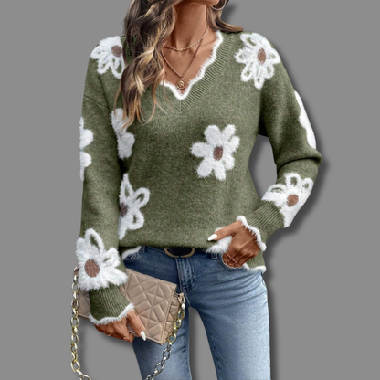 Bellamira | Women's Floral V-Neck Daisy Print Relaxed Knit Sweater