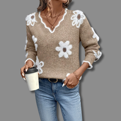 Bellamira | Women's Floral V-Neck Daisy Print Relaxed Knit Sweater
