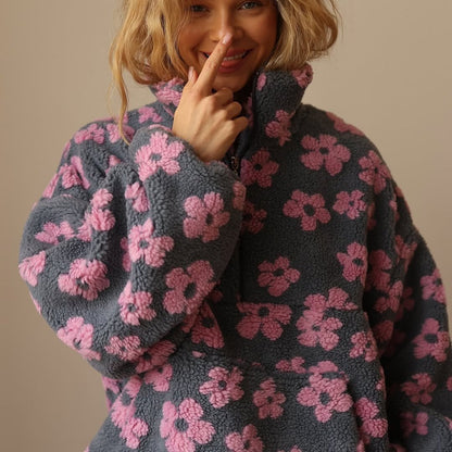 Fenwick | Women's Oversized Floral Teddy Fleece Half Zip Jacket