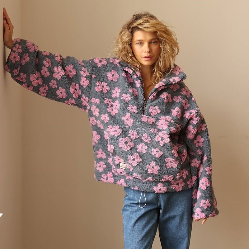 Fenwick | Women's Oversized Floral Teddy Fleece Half Zip Jacket
