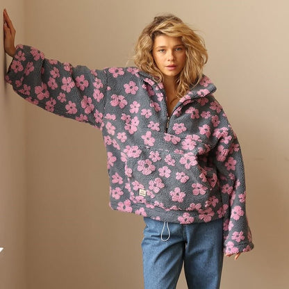 Fenwick | Women's Oversized Floral Teddy Fleece Half Zip Jacket