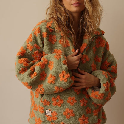 Fenwick | Women's Oversized Floral Teddy Fleece Half Zip Jacket