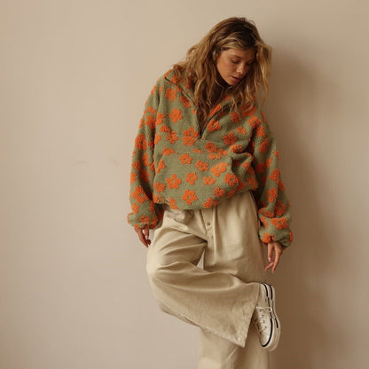 Fenwick | Women's Oversized Floral Teddy Fleece Half Zip Jacket