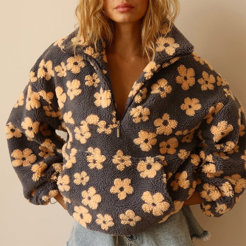 Fenwick | Women's Oversized Floral Teddy Fleece Half Zip Jacket