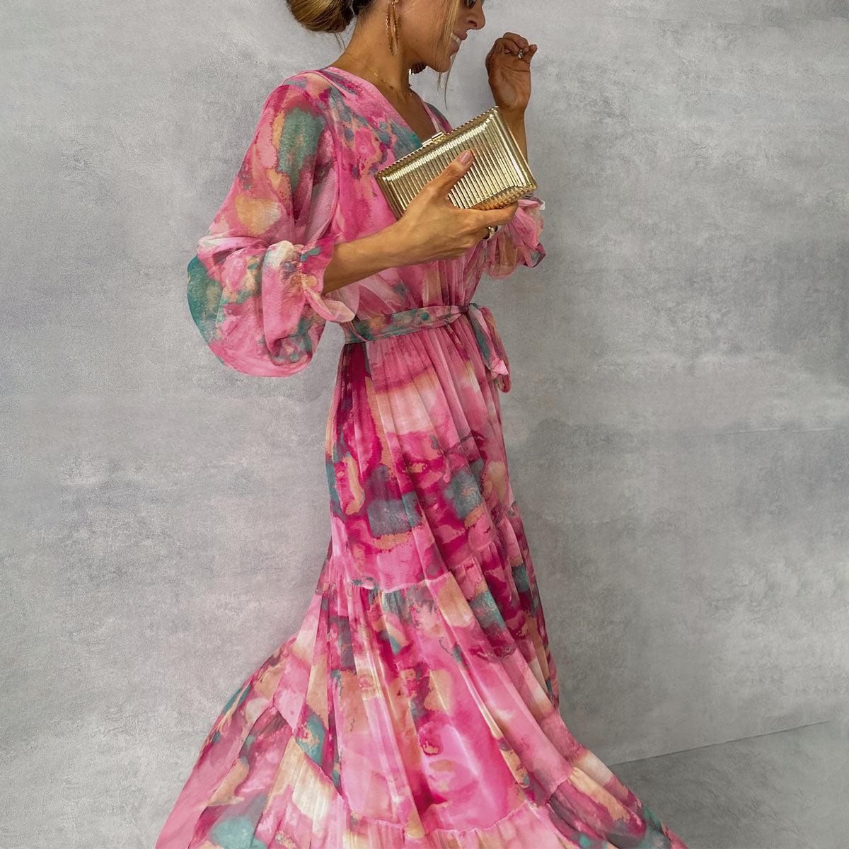 Bianca | Floral Wrap V Neck Long Sleeve Tiered Chiffon Boho Maxi Dress