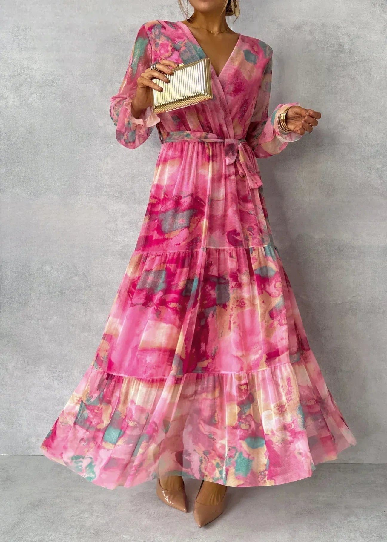 Bianca | Floral Wrap V Neck Long Sleeve Tiered Chiffon Boho Maxi Dress
