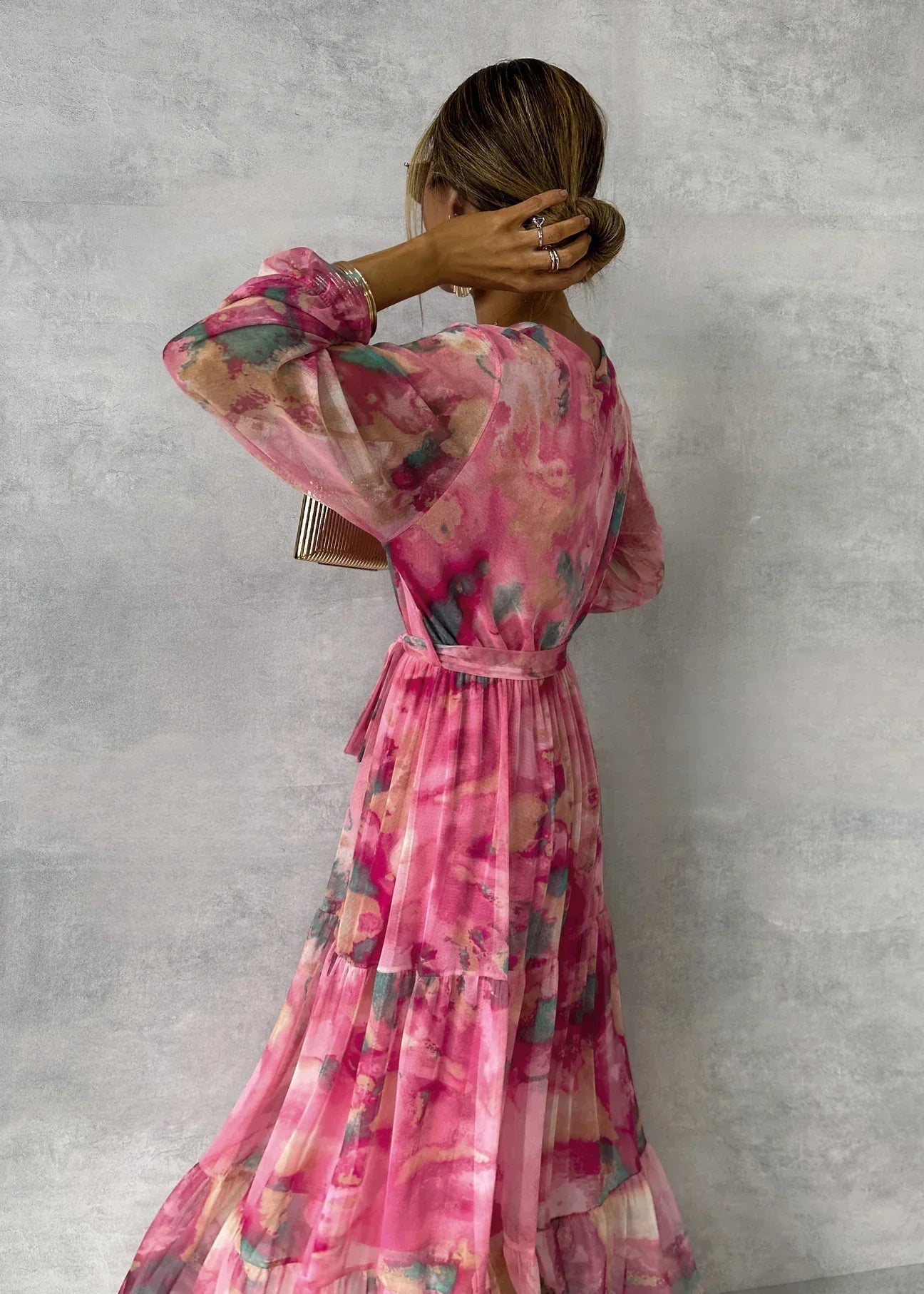 Bianca | Floral Wrap V Neck Long Sleeve Tiered Chiffon Boho Maxi Dress