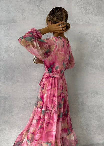 Bianca | Floral Wrap V Neck Long Sleeve Tiered Chiffon Boho Maxi Dress