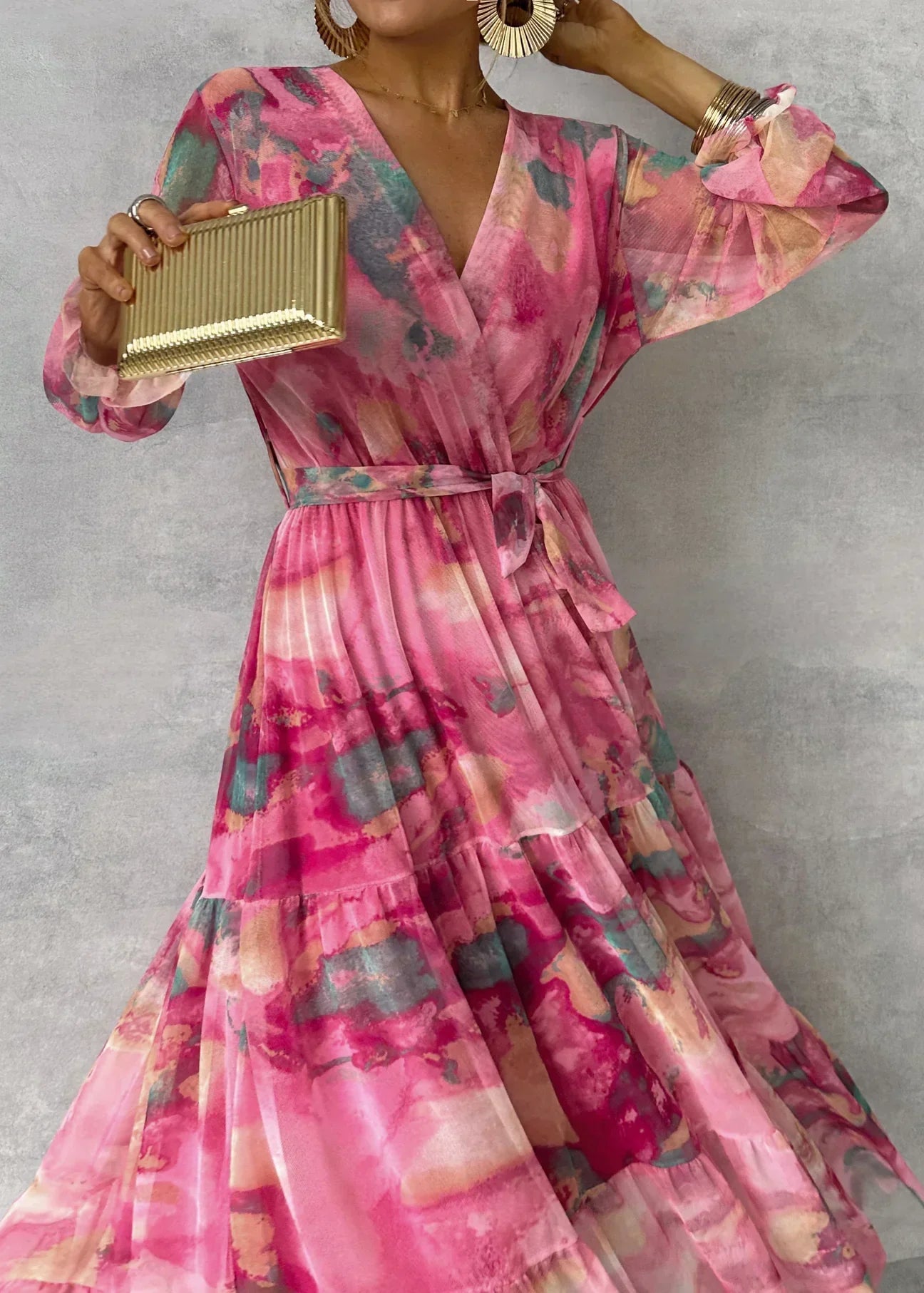 Bianca | Floral Wrap V Neck Long Sleeve Tiered Chiffon Boho Maxi Dress