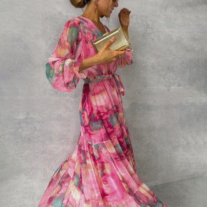 Freya | Women's Boho Pleated Floral Maxi Dress Long Sleeve