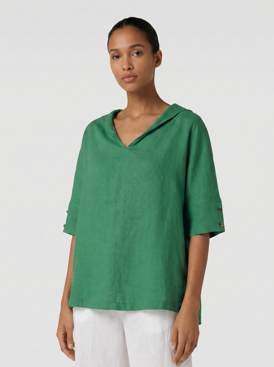 Lena | Collar V Neck 3/4 Sleeve Oversized Linen Blend Casual Top