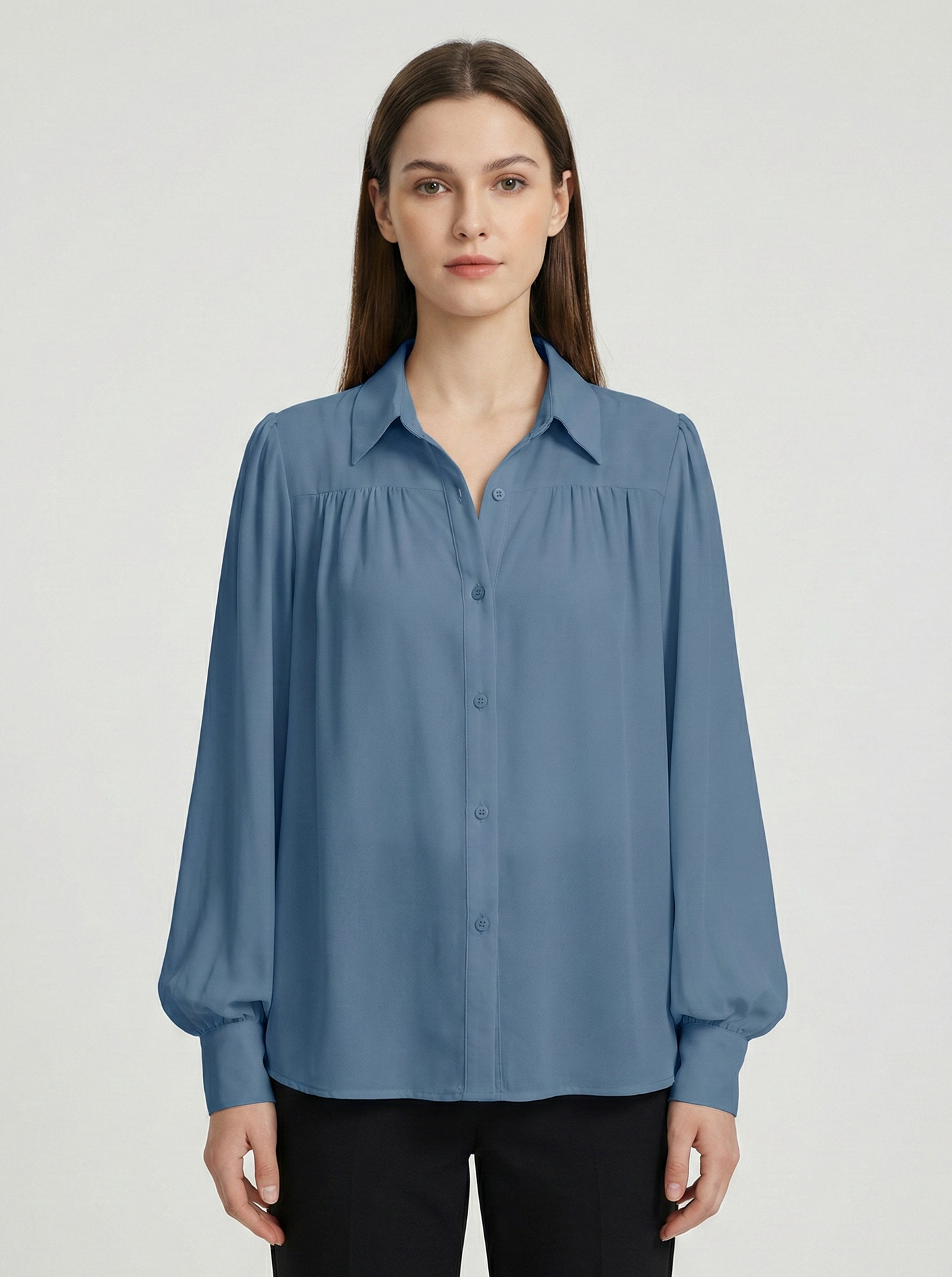 Monroe | Gathered Yoke Lapel Collar Balloon Sleeve Elegant Blouse