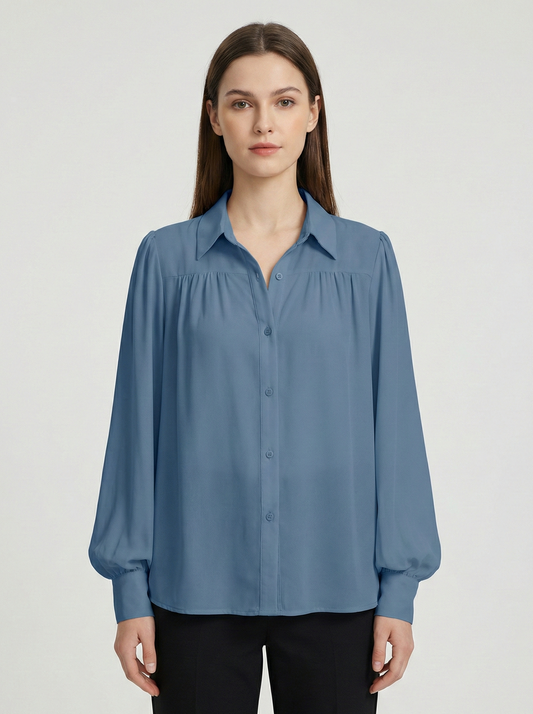 Monroe | Gathered Yoke Lapel Collar Balloon Sleeve Elegant Blouse