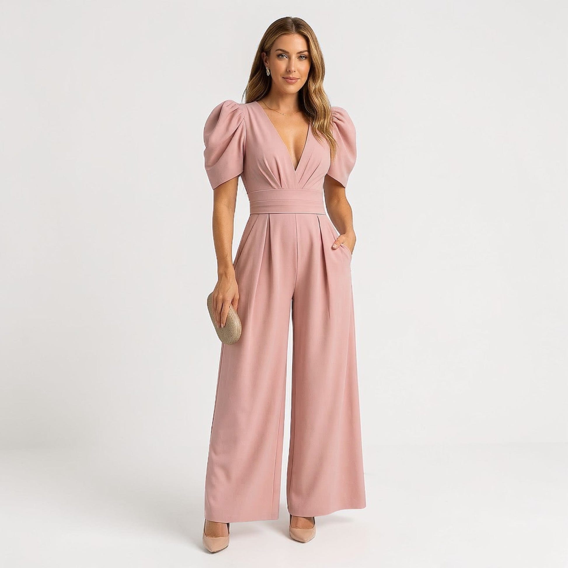 Renata | Deep V Neck Puff Sleeve Belted Wide Leg Elegant Jumpsuit
