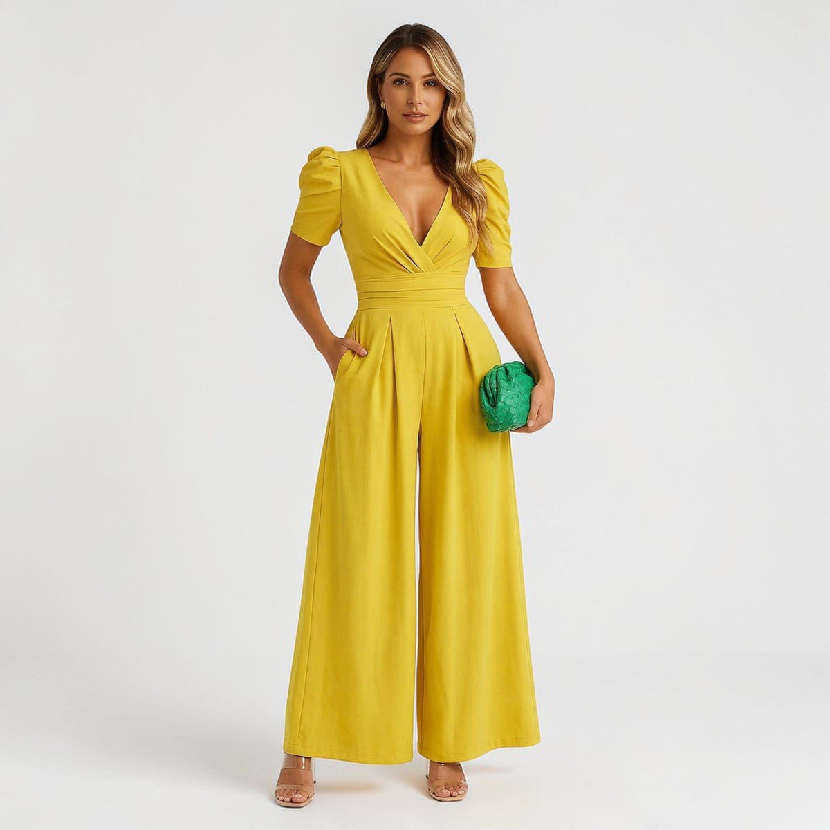 Renata | Deep V Neck Puff Sleeve Belted Wide Leg Elegant Jumpsuit
