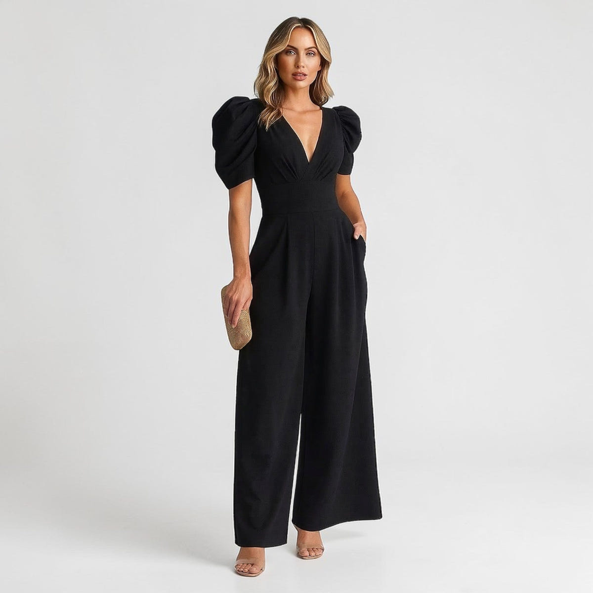 Renata | Deep V Neck Puff Sleeve Belted Wide Leg Elegant Jumpsuit