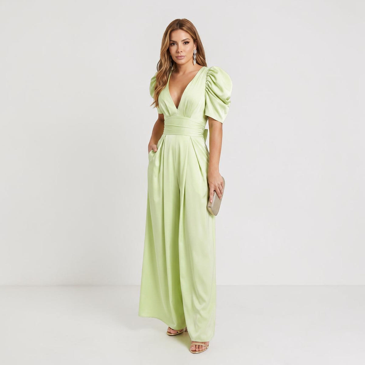 Renata | Deep V Neck Puff Sleeve Belted Wide Leg Elegant Jumpsuit