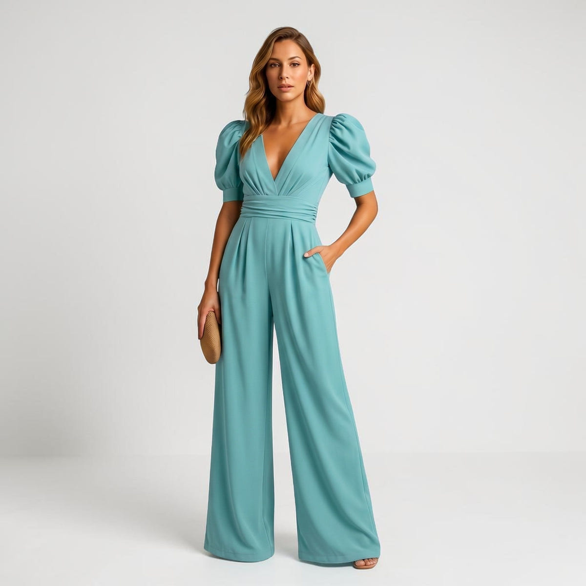 Renata | Deep V Neck Puff Sleeve Belted Wide Leg Elegant Jumpsuit